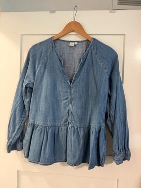 GAP Light Blue Denim Peplum Blouse with V-Neck